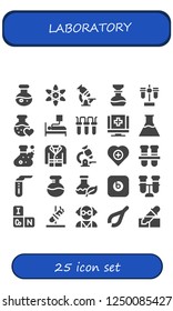Vector icons pack of 25 filled laboratory icons. Simple modern icons about  - Science, Atomic, Microscope, Flask, Test tube, Love potion, Blood donation, Filter, Medical, Flasks