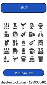 Vector icons pack of 25 filled pub icons. Simple modern icons about  - Beers, Beer, Cocktail, Beer tap, Brandy, Beer box, Vodka, Bar, Drink