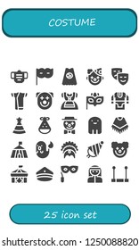 Vector icons pack of 25 filled costume icons. Simple modern icons about  - Mask, Eye mask, Superhero, Clown, Masks, Kimono, Dirndl, Tunic, Party hat, Ghost, Poncho, Circus, Headdress