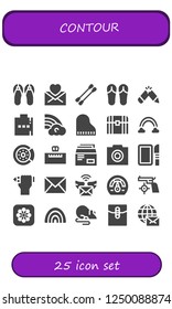 Vector icons pack of 25 filled contour icons. Simple modern icons about  - Sandals, Mail, Earbuds, Pencil, Hip flask, Rainbow, Piano, Chest, Brake disc, Envelope, Photo, Dissection