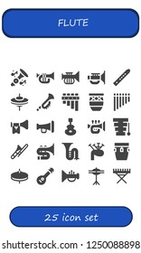 Vector icons pack of 25 filled flute icons. Simple modern icons about  - Trumpet, Jazz, Flute, Cymbals, Conga, Instrument, Xylophone, Trombone, Bagpipes, Mandolin, Electric piano