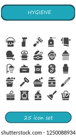 Vector icons pack of 25 filled hygiene icons. Simple modern icons about  - Bucket, Electric toothbrush, Razor, Antiseptic, Towel, Gloves, Dental floss, Spa, Shower, Hair mask