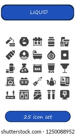 Vector icons pack of 25 filled liquid icons. Simple modern icons about  - Test tube, Fishbowl, Test tubes, Milk, Paper cup, Plastic bottle, Water, Bath, Blood, Soda, Thermo, Flask