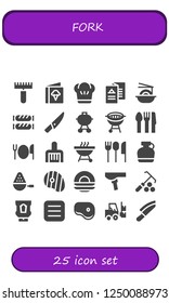 Vector icons pack of 25 filled fork icons. Simple modern icons about  - Rake, Menu, Chef, Noodles, Sausage, Knife, Barbecue, Bbq, Cutlery, Canteen, Spoon, Steak, Dish, Saddle