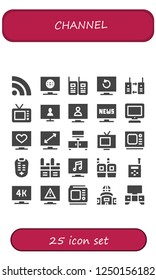 Vector icons pack of 25 filled channel icons. Simple modern icons about  - Rss, Television, Walkie talkies, Walkie talkie, Tv, Old tv, Remote control