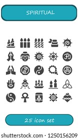 Vector icons pack of 25 filled spiritual icons. Simple modern icons about  - Candle, Candles, Zen, Chakra, Prayer, Buddha, Buddhism, Om, Pray, Yin yang, Rosary, Kamon, Hamsa, Alchemy