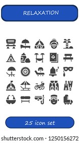 Vector icons pack of 25 filled relaxation icons. Simple modern icons about  - Bench, Sunbed, Tent, Spa, Coconut tree, Foam, Hammock, Deck, Bicycle, Snooze, Eye mask, Flippers