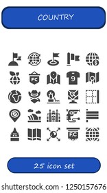 Vector icons pack of 25 filled country icons. Simple modern icons about  - Flag, World, Earth globe, Map, Soccer jersey, Cowboy, Landscape, Border, Opera house, Monaco, Revolver