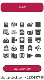 Vector icons pack of 25 filled mail icons. Simple modern icons about  - Smartphone, Email, Office, Web, File, Box, Mail, Mobile, Www, Mailbox, Boxes, Social, Communication