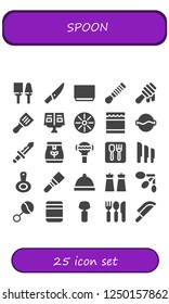 Vector icons pack of 25 filled spoon icons. Simple modern icons about  - Utensils, Knife, Soup, Spatula, Honey, Recipe book, Pan, Tea bag, Rattle, Restaurant, Knives, Dinner, Salt