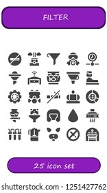 Vector icons pack of 25 filled filter icons. Simple modern icons about  - No smoking, Chimney, Funnel, Gas mask, Processing, Garage, Aquarium, Water tank, Data, Big data, Boxing helmet