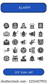 Vector icons pack of 25 filled alarm icons. Simple modern icons about  - Alert, Wall clock, Bodyguard, Siren, Loudspeaker, Snooze, Alarm, Megaphone, Hydrant, Notification, Clock