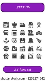 Vector icons pack of 25 filled station icons. Simple modern icons about  - Traffic, Satellite dish, Train, Space capsule, Antenna, Bus, Bus stop, Mine, Factory, Train station