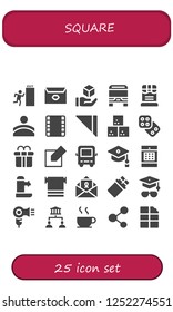 Vector icons pack of 25 filled square icons. Simple modern icons about  - Exit, Letter, Cube, Bus, Chocolate, Convex, Film strip, Napkin, Sugar cube, Dice, Gift box, Edit, Mortarboard