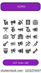 Vector icons pack of 25 filled horn icons. Simple modern icons about  - Trombone, Loudspeaker, Cello, Amplifier, Electric piano, Tuba, Trumpet, French horn, Megaphone, Taurus