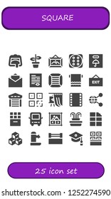 Vector icons pack of 25 filled square icons. Simple modern icons about  - Chocolate, Pot, Frame, Dice, Fragile, Blank, Letter, Boxes, Towel, Exit, Garage, QR, Gallery, Film strip