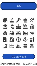 Vector icons pack of 25 filled oil icons. Simple modern icons about  - Palette, Artist, Drill, Gas, Mine, Well, Pipe, Water tank, Factory, Blood, Gas station, Nuclear plant, Energy