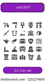 Vector icons pack of 25 filled ancient icons. Simple modern icons about  - Gun, Scythe, Ankh, Amphora, Dolmen, Sword, Devil, Pyramids, Samurai, Pyramid, Magic lamp, Cannon, Treasure