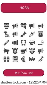 Vector icons pack of 25 filled horn icons. Simple modern icons about  - Conga, Megaphone, Flute, French horn, Horn, Trombone, Devil, Trumpet, Party blower, Rhino, Viking, Loudspeaker