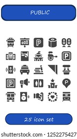Vector icons pack of 25 filled public icons. Simple modern icons about  - Train, Presentation, Parking, Toilet paper, Loudspeaker, Bed, Government, Rickshaw, Speaker, Taxi, Bookshelf