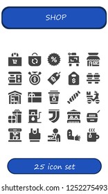 Vector icons pack of 25 filled shop icons. Simple modern icons about  - Shopping bag, Bag, Coupon, Drawing, Store, Coffee maker, Sale time, Tag, Price tag, Coffee, Delivery, Gift card