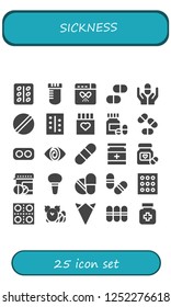 Vector icons pack of 25 filled sickness icons. Simple modern icons about  - Pill, Vial, Drug, Pills, Drugs, Fatigue, Enema, Handkerchief