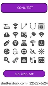 Vector icons pack of 25 filled connect icons. Simple modern icons about  - Wifi, Wireless, Safety pin, Rope, Website, Zip cloud, Web, Net, Wifi signal, Pendrive, Network, Power