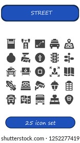 Vector icons pack of 25 filled street icons. Simple modern icons about  - Bed, Semaphore, Map, Taxi, Location pin, Location, Cctv, Traffic signal, Traffic light, Signpost, Disabled