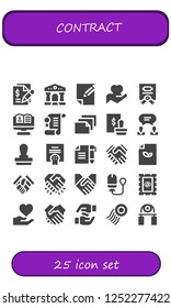 Vector icons pack of 25 filled contract icons. Simple modern icons about  - Contract, Courthouse, Paper, Hand, Recruitment, Agreement, Stamp, Shake hands, Handshake, Tampon, Hands