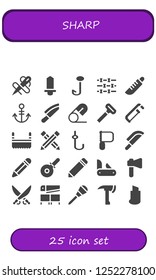 Vector icons pack of 25 filled sharp icons. Simple modern icons about  - Needle, Sword, Hook, Barbed wire, Knife, Anchor, Safety pin, Razor, Saw, Pencil, Pizza cutter, Penknife