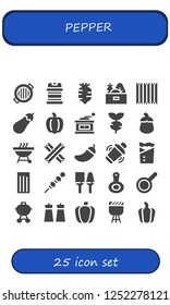 Vector icons pack of 25 filled pepper icons. Simple modern icons about  - Grill, Condiments, Radish, Vegetables, Churros, Eggplant, Pepper, Grinder, Turnip, Aubergine, Barbecue
