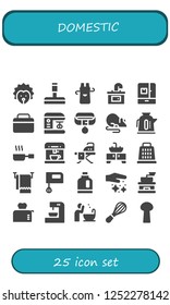 Vector icons pack of 25 filled domestic icons. Simple modern icons about  - Hedgehog, Glass cleaner, Apron, Sink, Fridge, Mixer, Collar, Rat, Kettle, Frying pan, Coffee machine