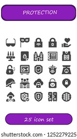 Vector icons pack of 25 filled protection icons. Simple modern icons about  - Sun glasses, Mask, Lock, Donation, Weapon, Locked, Castle, Safebox, Armor, Security, Hamsa, Scale