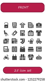 Vector icons pack of 25 filled front icons. Simple modern icons about  - Doorknob, Newspaper, Tshirt, Carrier, Salon chair, Door, Doors, Contract, Juventus, Watering can, Police car