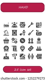 Vector icons pack of 25 filled hand icons. Simple modern icons about  - Ship, Bath, Aquarium, Makeup, Independence, Robot, Wipes, Restriction, Screwdriver, Soap, Basket, Money exchange