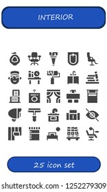 Vector icons pack of 25 filled interior icons. Simple modern icons about  - Urinal, Desk chair, Wooden leg, Bidet, Salon chair, Concierge, Bookshelf, Roller, Sink, Shopping center
