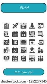 Vector icons pack of 25 filled plan icons. Simple modern icons about  - Clipboard, Startup, Calendar, Blueprint, Strategy, Architecture, Plan, Reporter, Bowling, Analytics