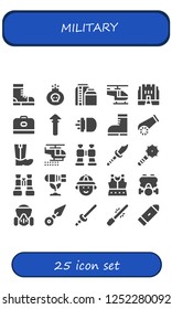 Vector icons pack of 25 filled military icons. Simple modern icons about  - Boots, Bomb, Tank, Helicopter, Medieval, Carrier, Spear, Missile, Cannon, Binoculars, Weapon, Hunter
