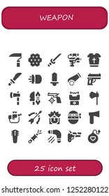 Vector icons pack of 25 filled weapon icons. Simple modern icons about  - Scythe, Revolver, Katana, Water gun, Armour, Weapons, Missile, Sword, Cannon, Gun, Ax, Weapon, Stun gun