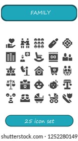 Vector icons pack of 25 filled family icons. Simple modern icons about  - Donation, Solidarity, Friends, Pregnancy test, Hug, Equalizer, Friend, Retirement, Feed, Amusement park