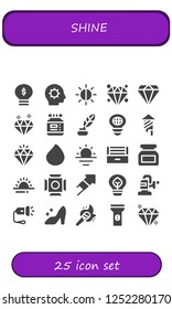 Vector icons pack of 25 filled shine icons. Simple modern icons about  - Lightbulb, Inspiration, Brightness, Diamond, Ink, Bulb, Fireworks, Paint drop, Sunrise, Ultraviolet, Scenic Illumination