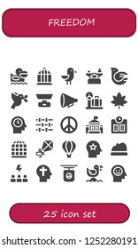 Vector icons pack of 25 filled freedom icons. Simple modern icons about  - Pelican, Bird cage, Seagull, Scale, Dove, Protest, Marijuana, Mind, Barbed wire, Peace, White house