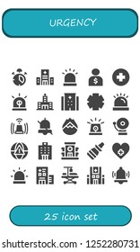 Vector icons pack of 25 filled urgency icons. Simple modern icons about  - Alarm, Hospital, Siren, Salesman, Clinic, Forest fire, Nasal spray, Hospitalization
