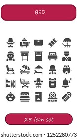 Vector icons pack of 25 filled bed icons. Simple modern icons about  - Desk chair, Room service, Bed, Stretcher, Deck, Checker, Nightstand, Bellboy, Rocking chair, Sunbed, Baby