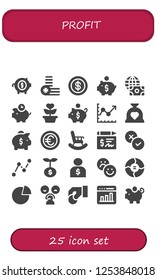 Vector icons pack of 25 filled profit icons. Simple modern icons about  - Piggy bank, Coins, Coin, Economy, Piggybank, Growth, Line chart, Budget, Retirement, Cheque, Rate, Stats