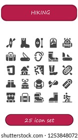 Vector icons pack of 25 filled hiking icons. Simple modern icons about  - Kayak, Boot, Sleeping bag, Backpack, Sport bag, Jackknife, Carabiner, Boots, Penknife, Cabin, Climbing