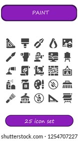 Vector icons pack of 25 filled paint icons. Simple modern icons about  - Set square, Paint brush, Pliers, Print, Pen, Polisher, Photoshop, Canvas, Paint tube, Graphic design, Design