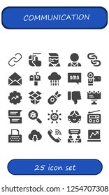 Vector icons pack of 25 filled communication icons. Simple modern icons about  - Hyperlink, Clicking, Call center, Psychologist, Chains, Email, Mailbox, Binary, Sms, Camcorder