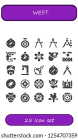 Vector icons pack of 25 filled west icons. Simple modern icons about  - Compass, Revolver, Sheriff, Pistol, Prairie, Indian, Gallow, Windrose, Cowboy, Bandit, Vane, Wind rose