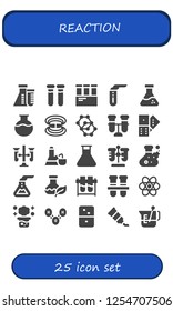 Vector icons pack of 25 filled reaction icons. Simple modern icons about  - Flask, Test tubes, Test tube, Magnetic field, Molecule, Domino, Chemistry, Chemical reaction, Dominoes